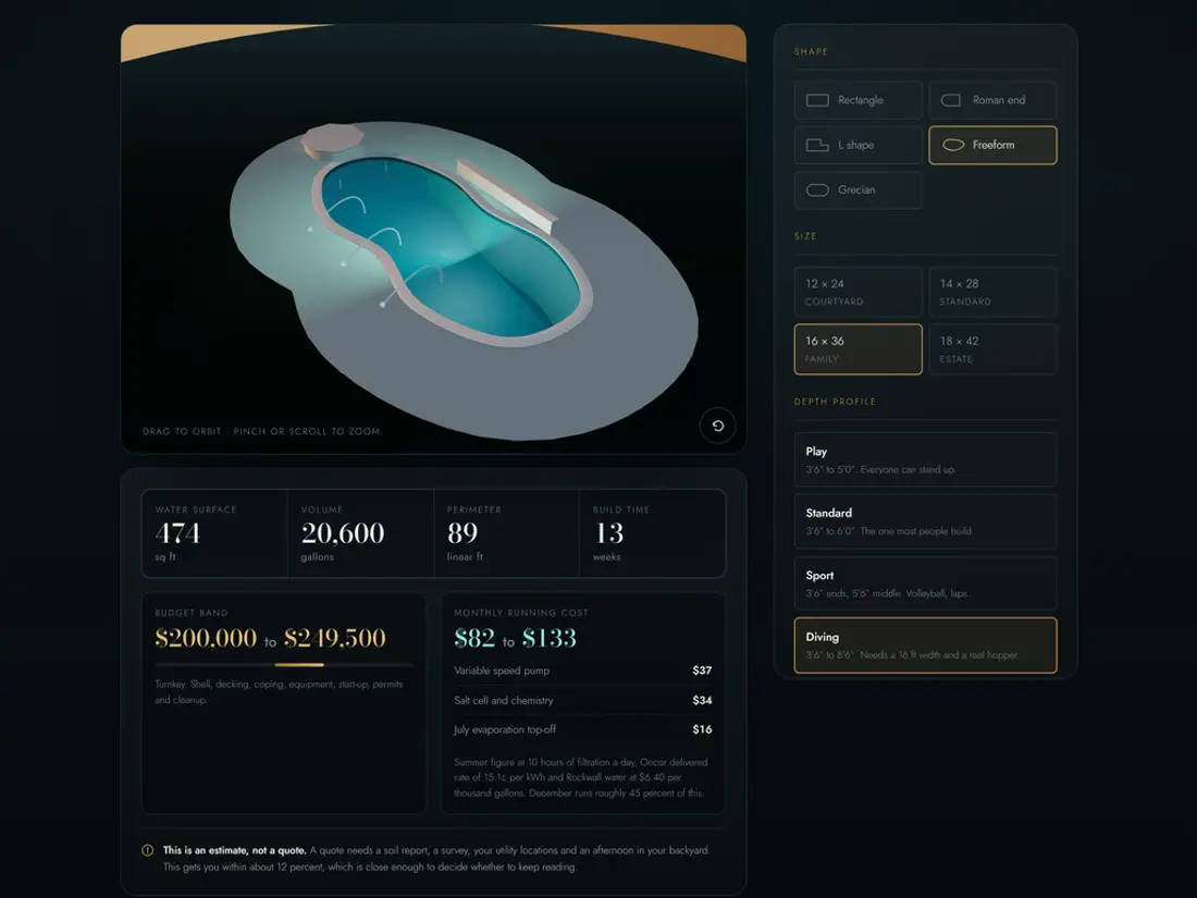 Blackland Pools, 3d pool designer with live budget output, screen 1