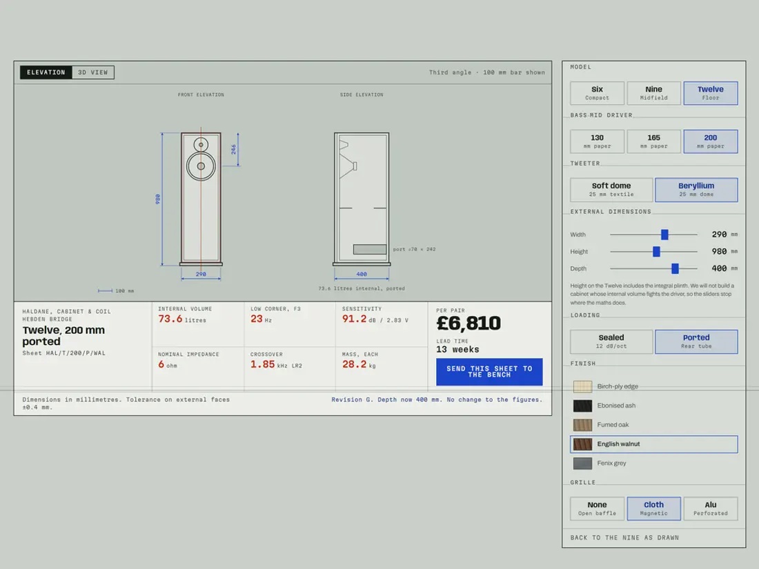 Haldane, product configurator with a live drawing sheet, screen 1