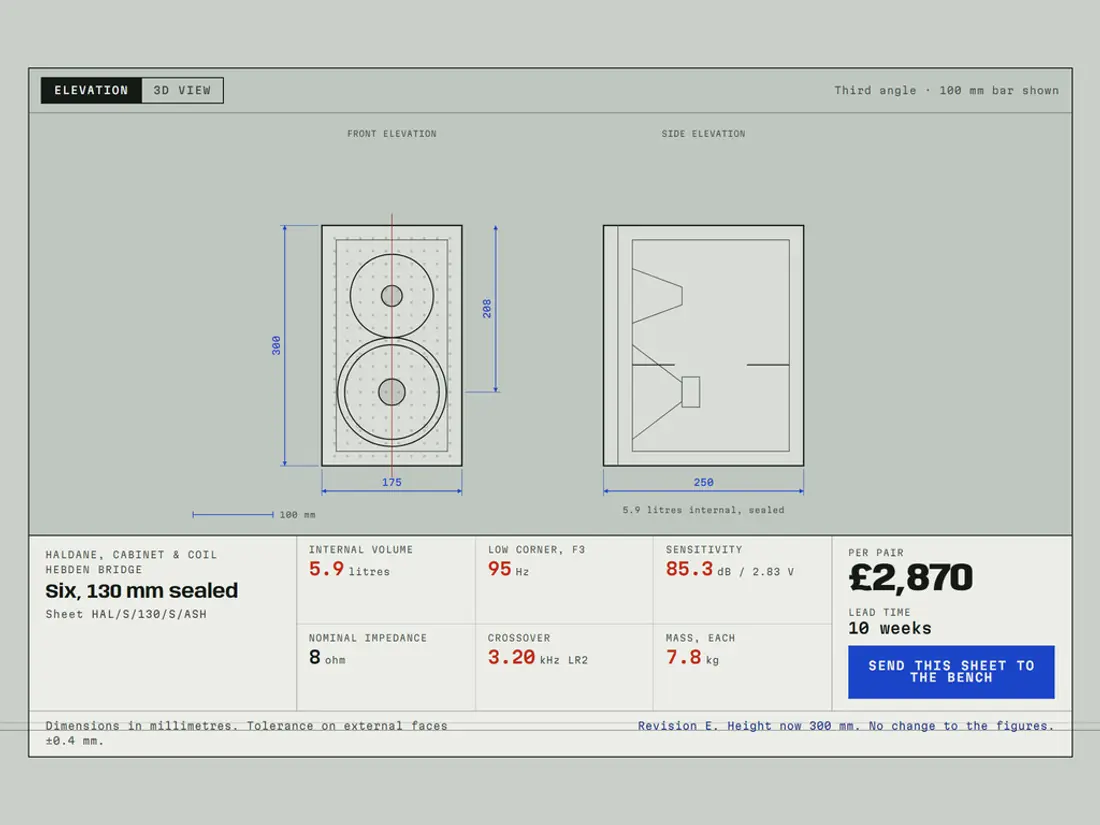 Haldane, product configurator with a live drawing sheet, screen 2