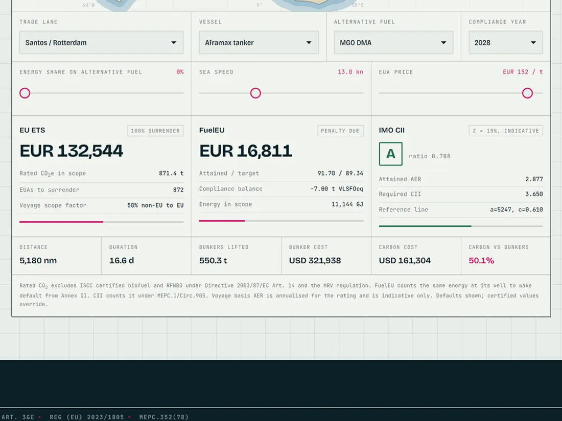 Meridian Wake, voyage emissions and cost calculator, screen 2