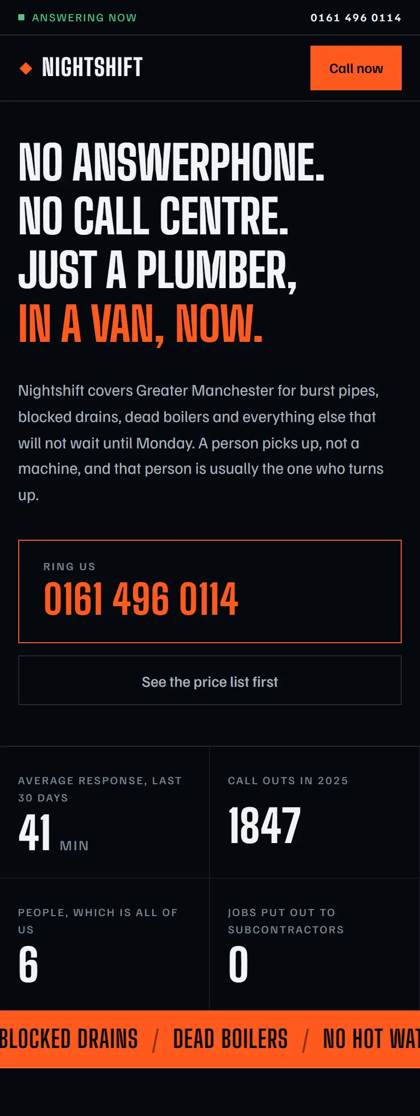 Nightshift site on a phone: emergency plumbing and drainage across Greater Manchester with response times on the page