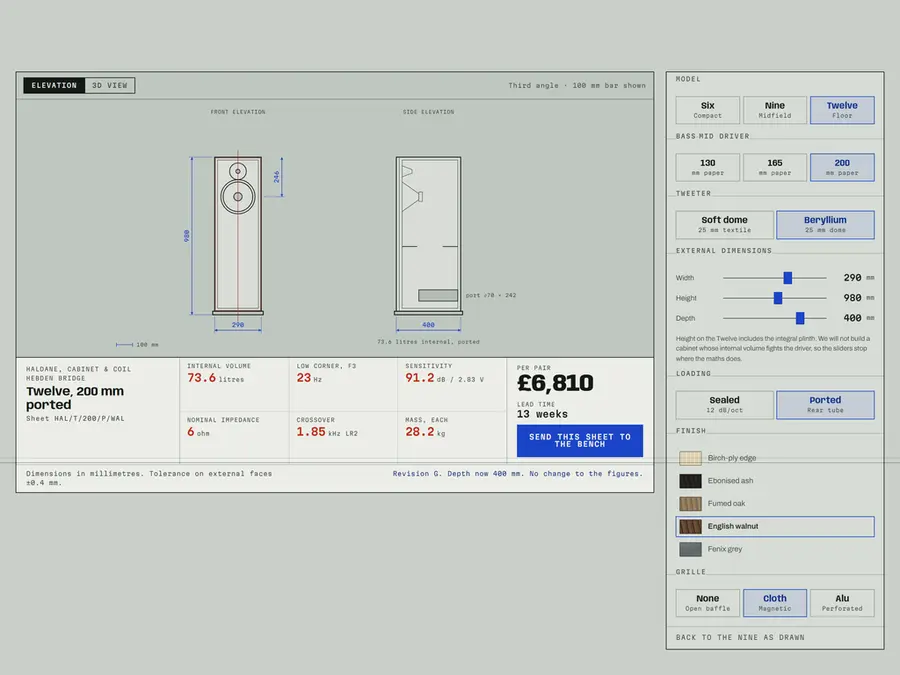 Haldane website, a product configurator that outputs a technical drawing sheet