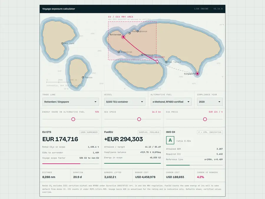 Meridian Wake website, a voyage emissions and cost calculator