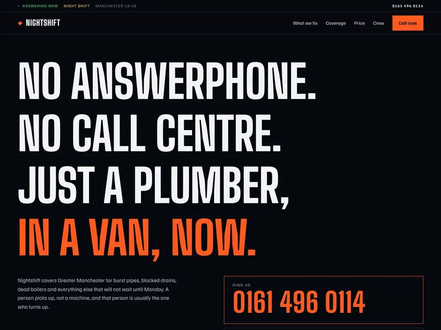 Nightshift website, emergency plumbing with response times on the page